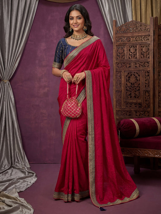 Red Georgette Saree with Embroidered Border - Ressa