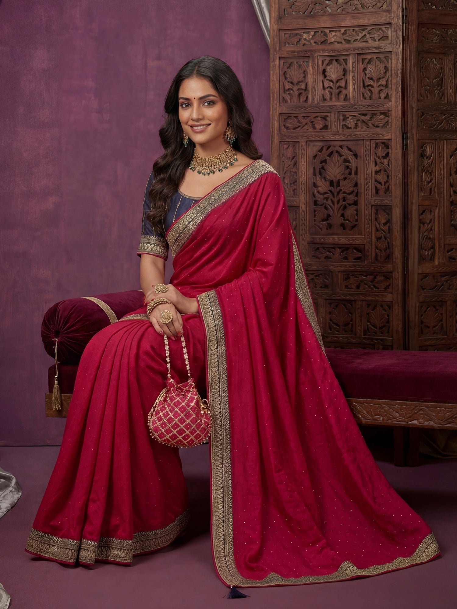 Red Georgette Saree with Embroidered Border - Ressa