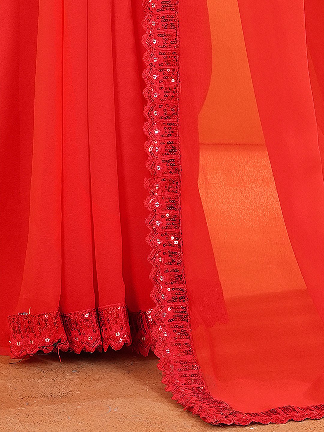 Red Georgette Saree with Sequin & Crystal Embellished Border - Ressa
