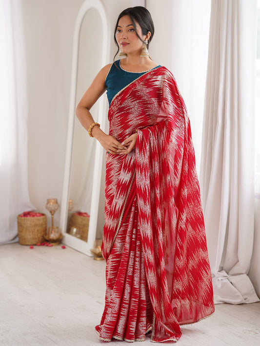 Red Georgette Saree with Silver Leheriya Foil Print - Ressa