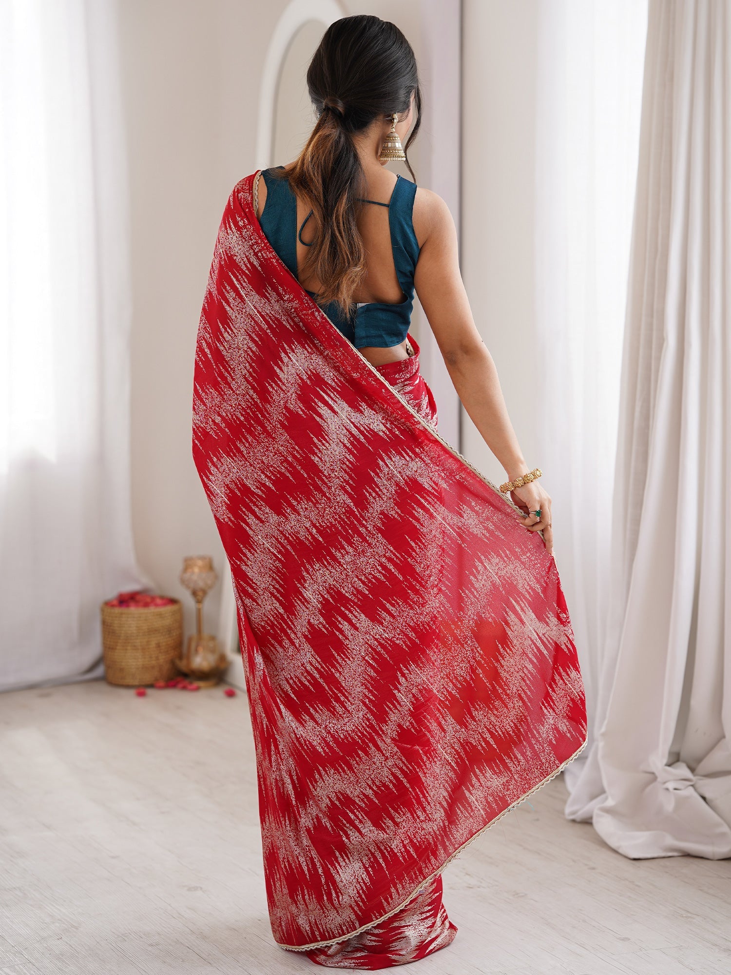 Red Georgette Saree with Silver Leheriya Foil Print - Ressa