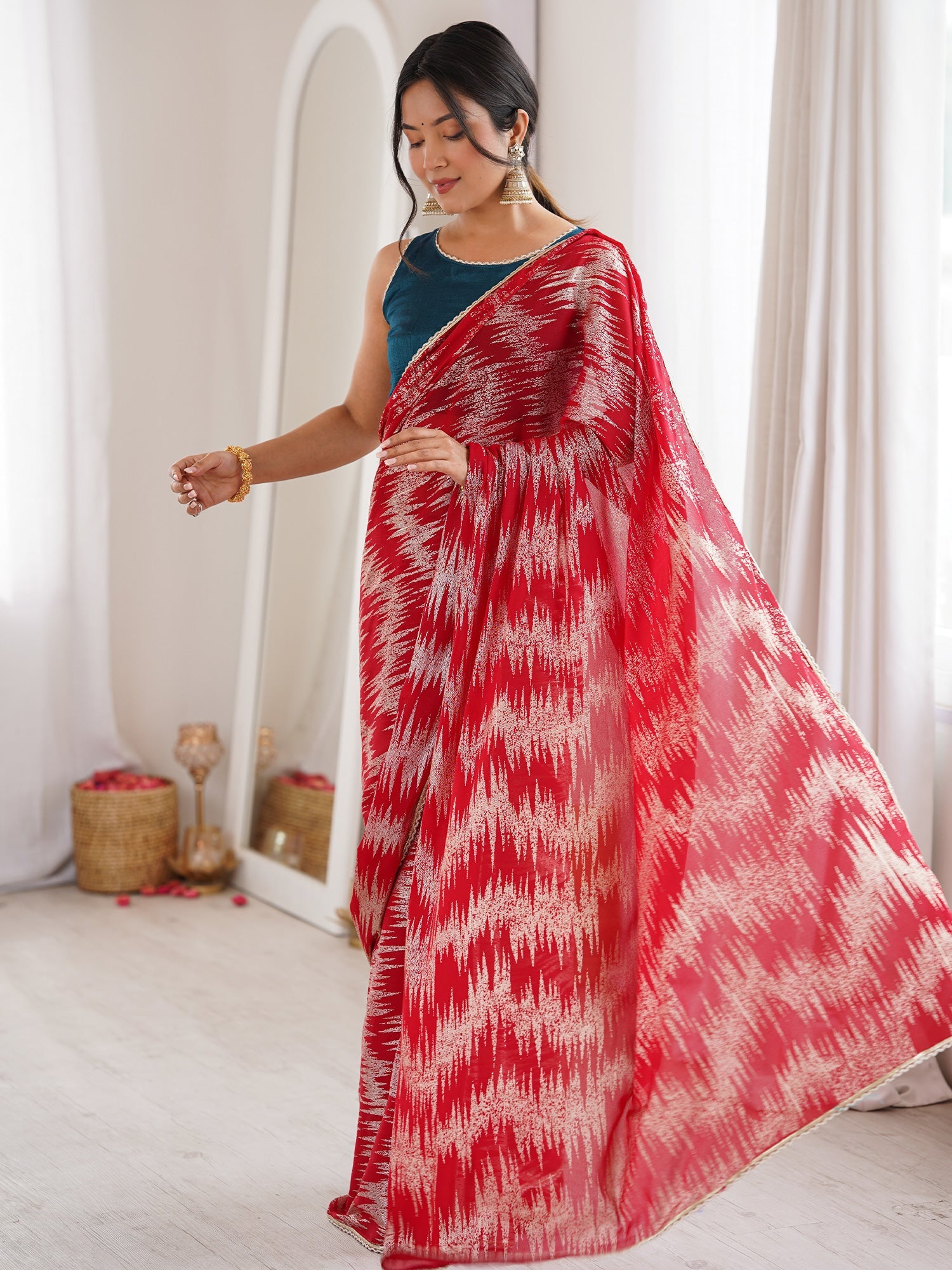 Red Georgette Saree with Silver Leheriya Foil Print - Ressa