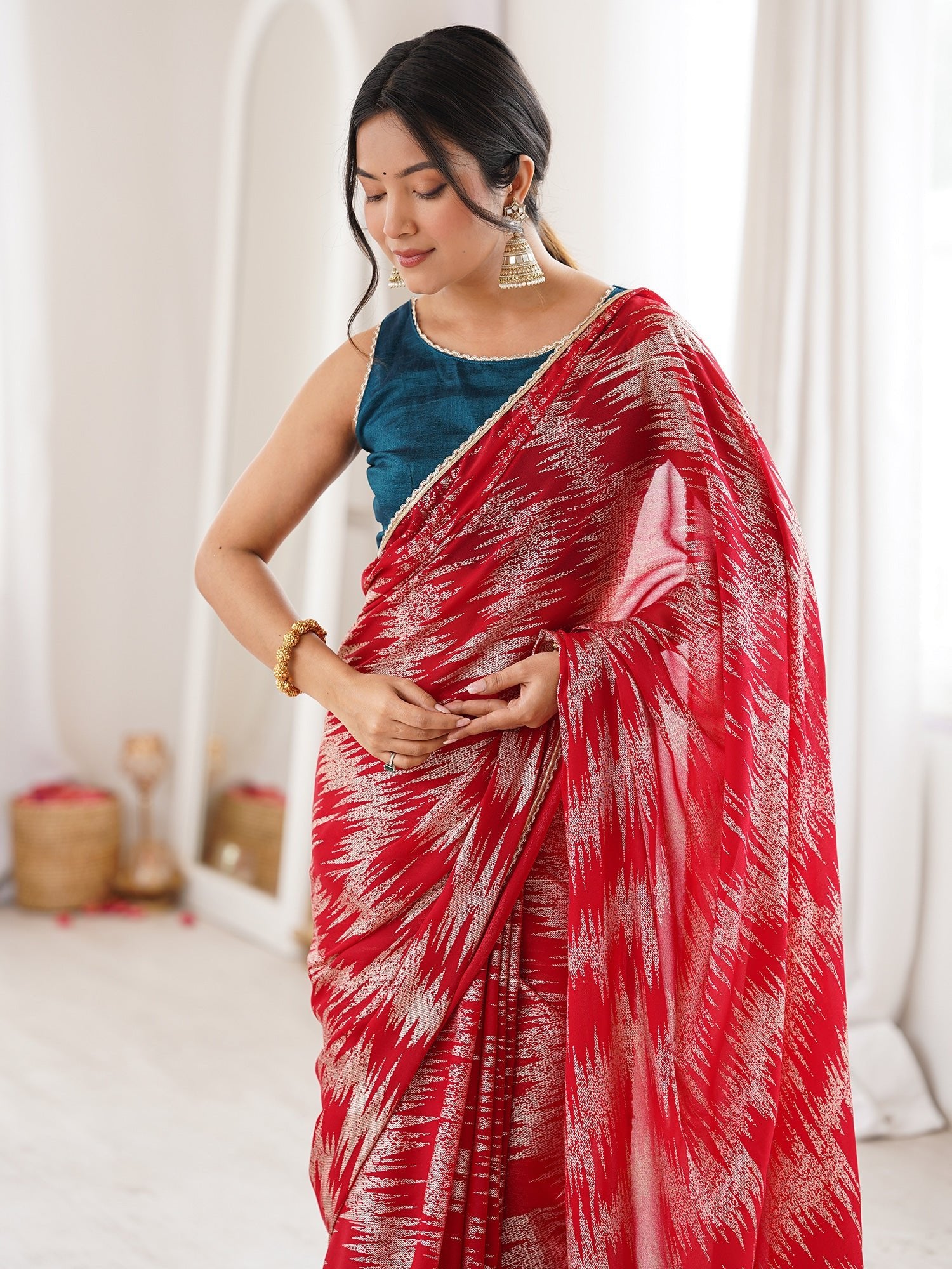 Red Georgette Saree with Silver Leheriya Foil Print - Ressa