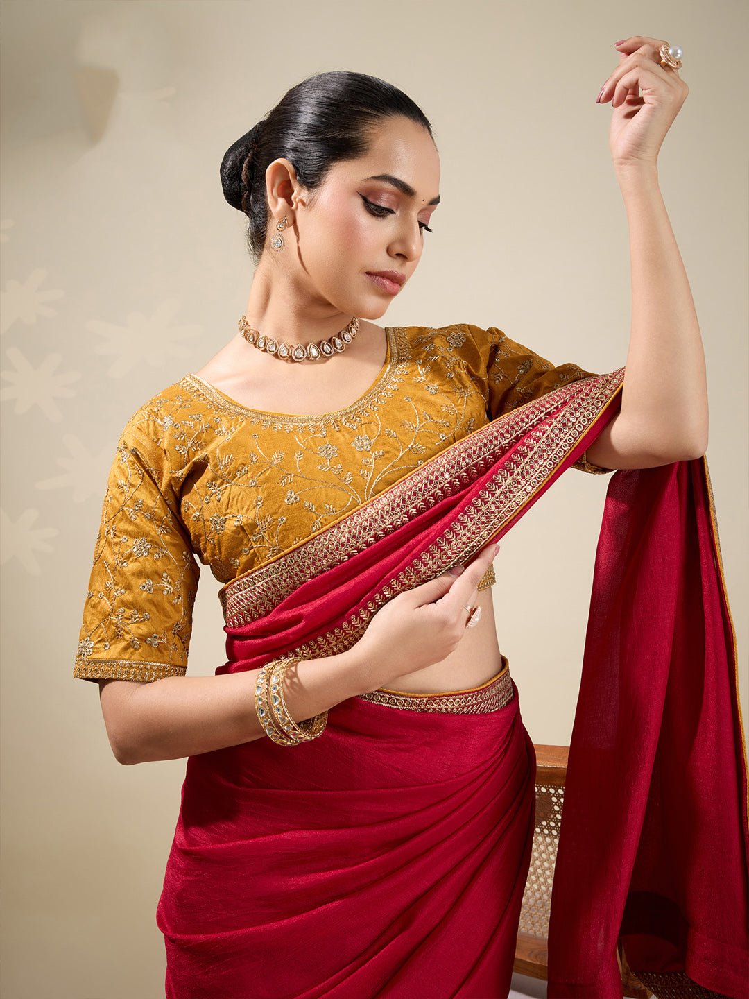 Red Georgette Solid Embroidered Border Saree - Ressa