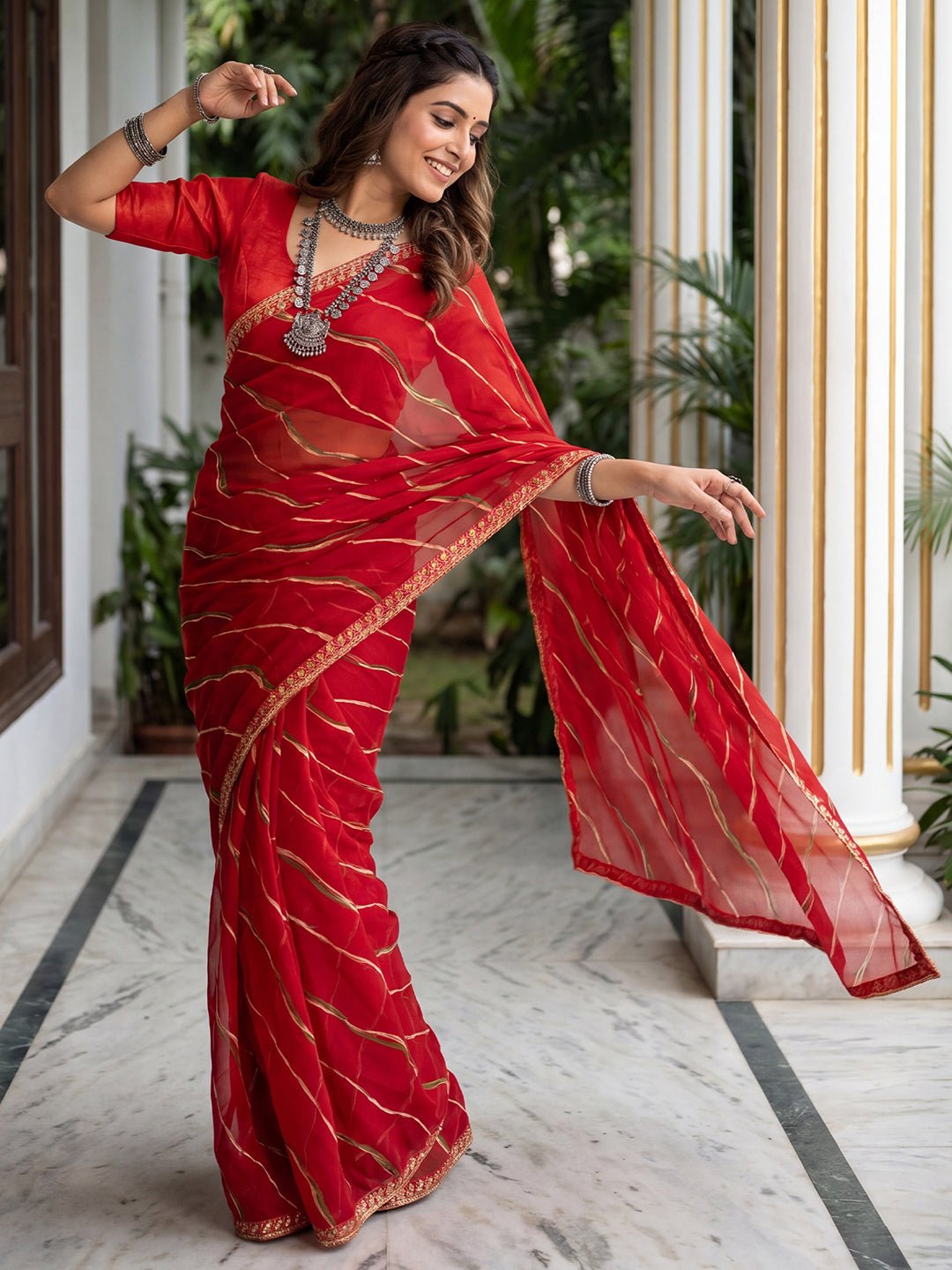 RED GEORGETTE STRIPED SAREE - Ressa