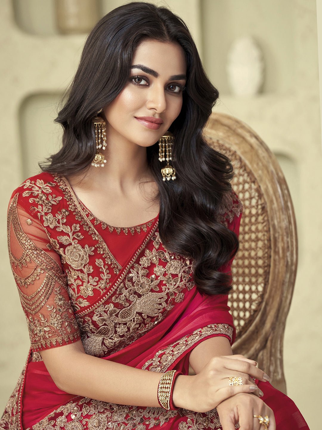 Red Georgette Striped Saree - Ressa