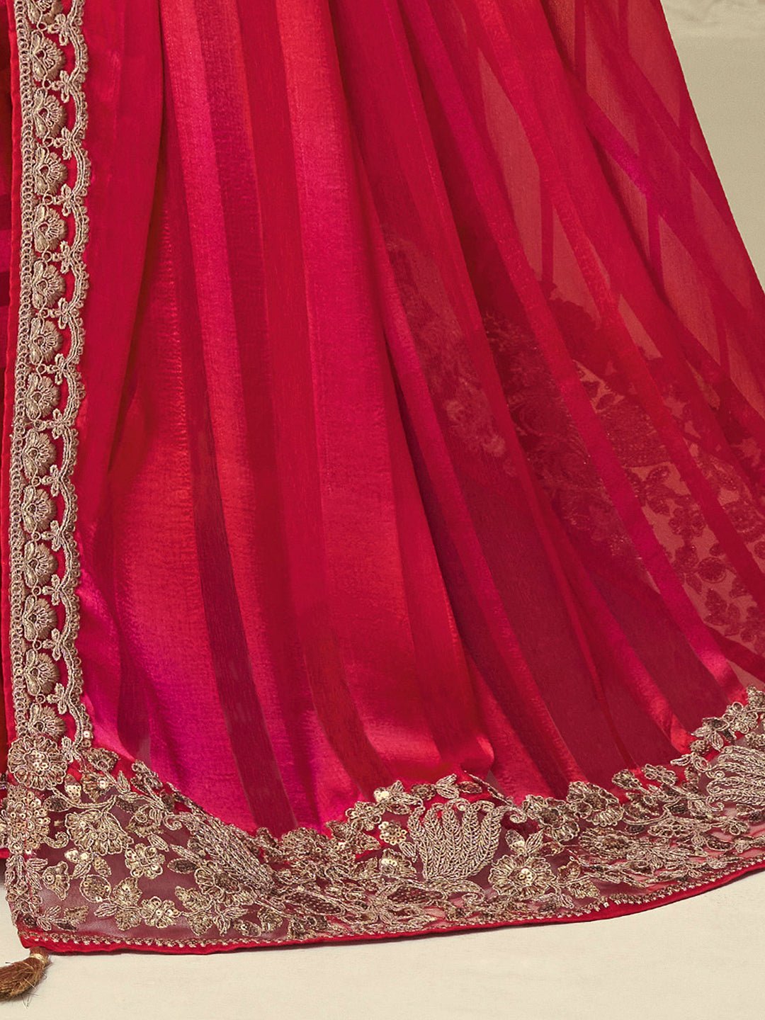 Red Georgette Striped Saree - Ressa
