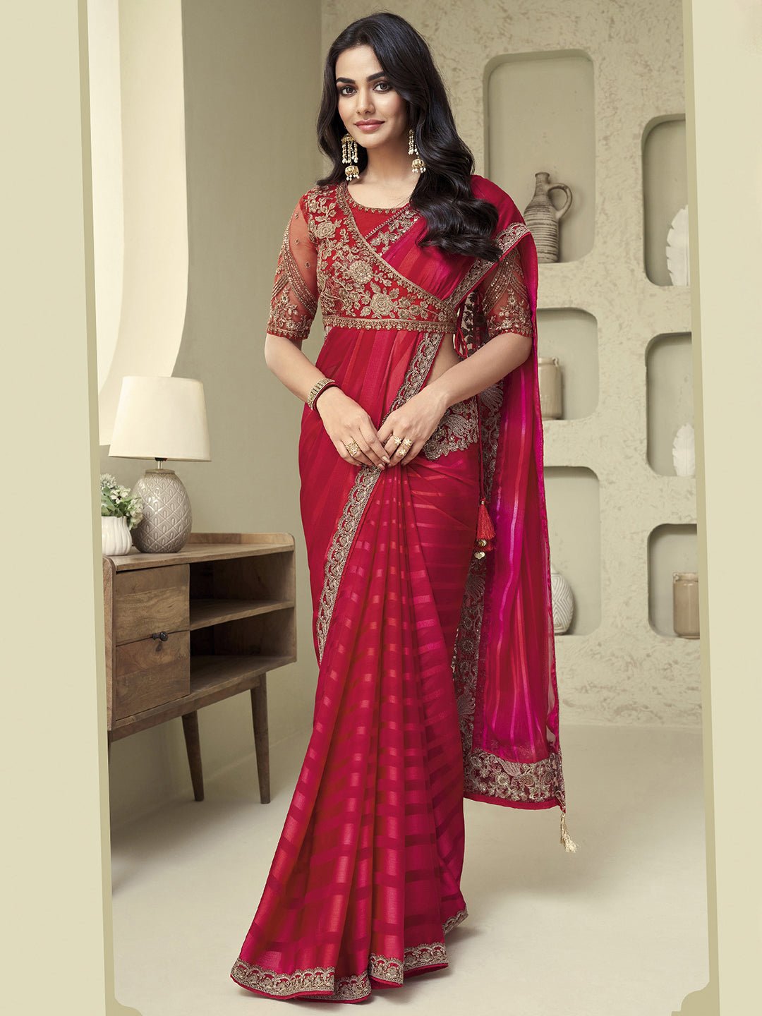 Red Georgette Striped Saree - Ressa