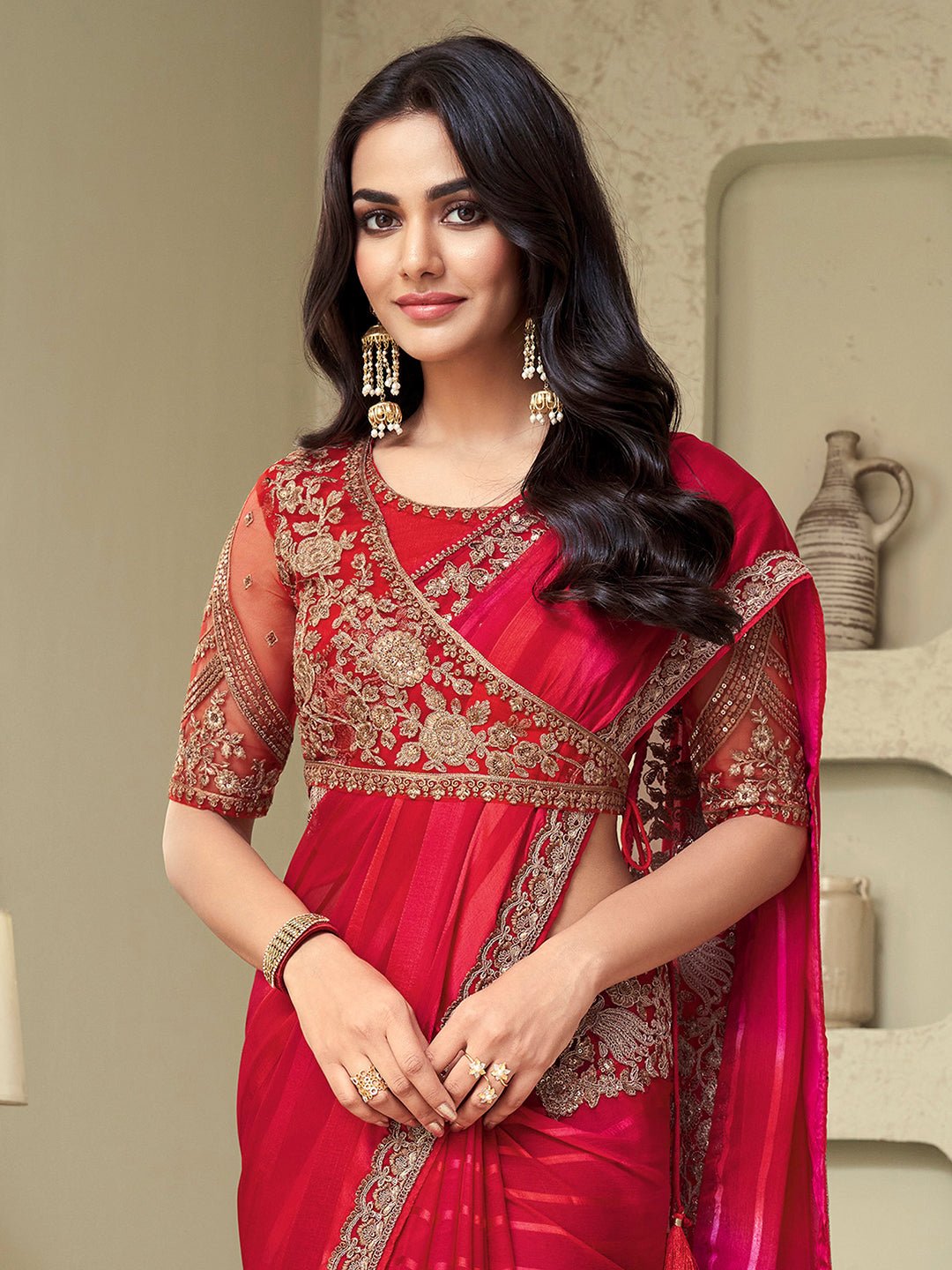 Red Georgette Striped Saree - Ressa