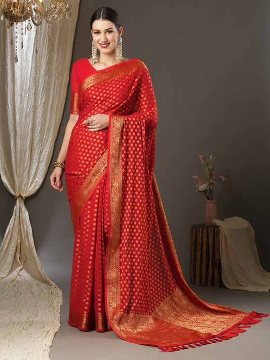 Red Georgette Woven Banarasi Silk Saree - Ressa