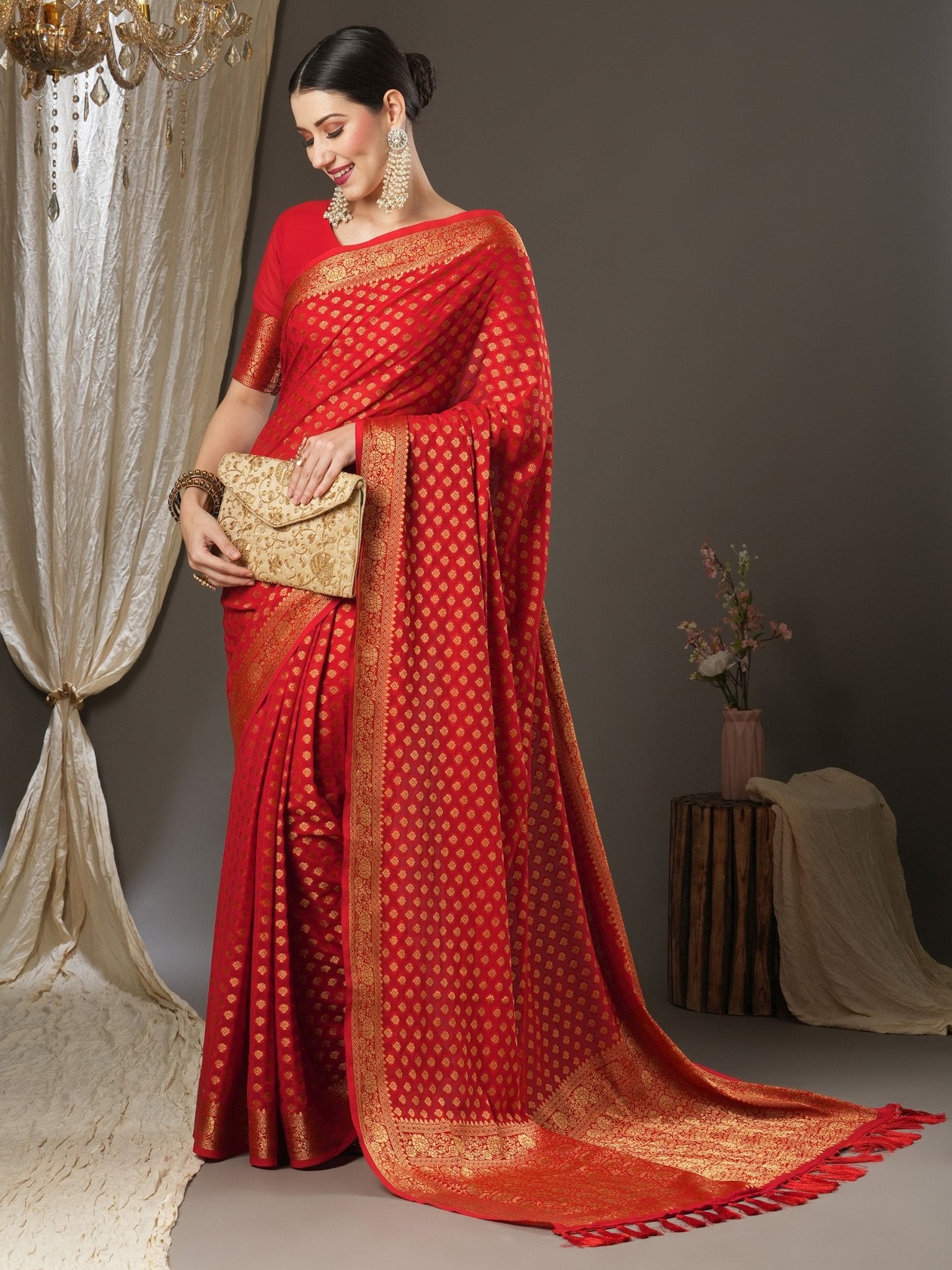 Red Georgette Woven Banarasi Silk Saree - Ressa