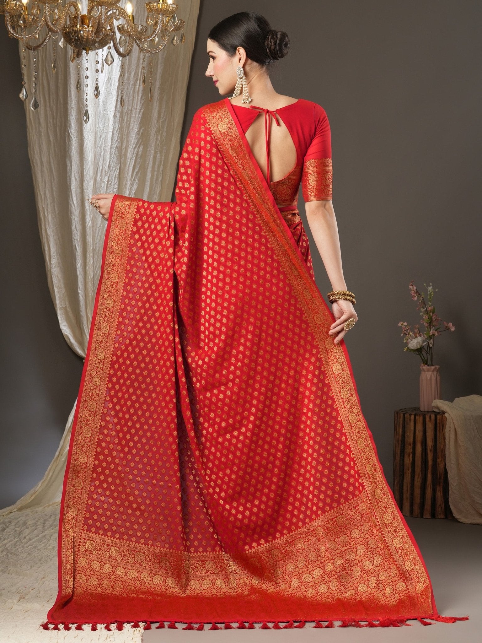 Red Georgette Woven Banarasi Silk Saree - Ressa