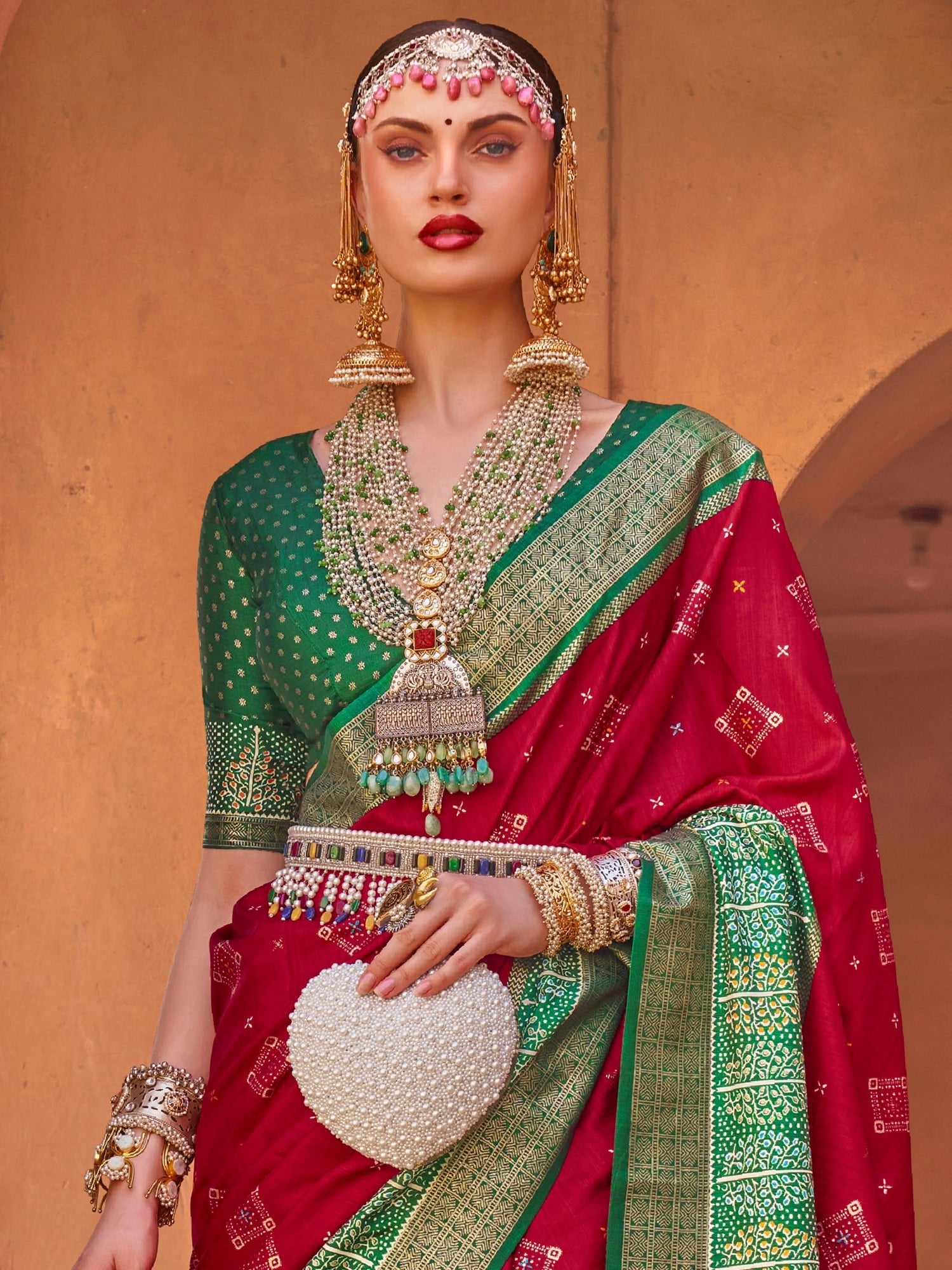 Red & Green Ethnic Motifs Woven Design Zari Saree - Ressa