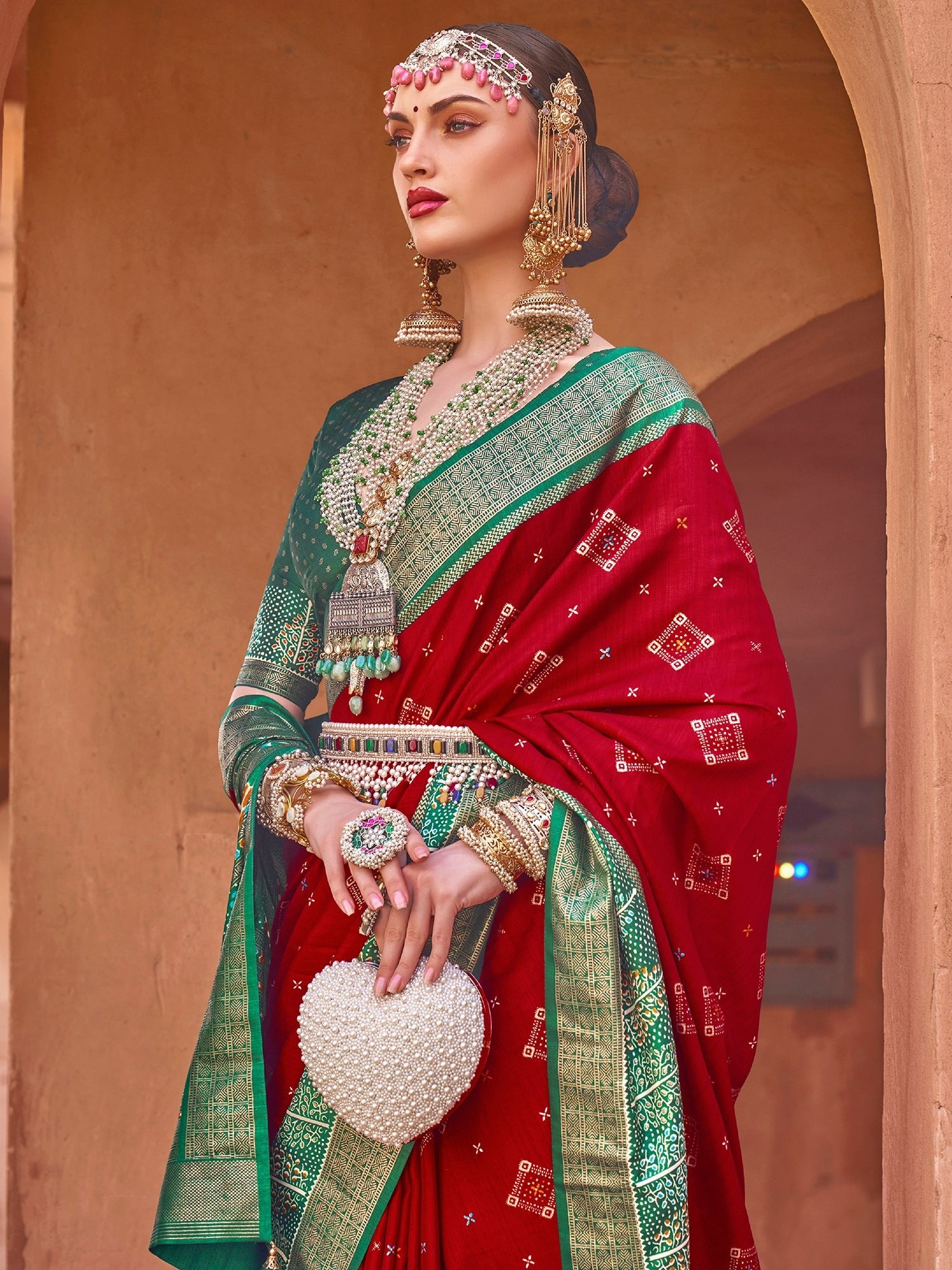 Red & Green Ethnic Motifs Woven Design Zari Saree - Ressa