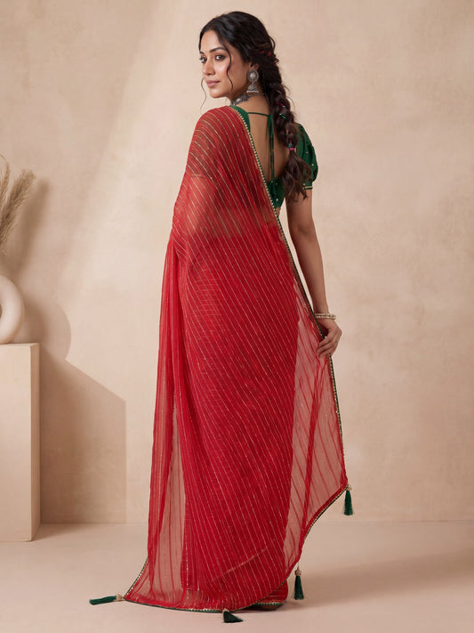 Red & Green Leheriya Style Saree - Ressa