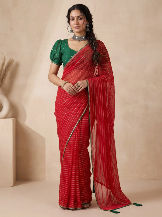 Red & Green Leheriya Style Saree