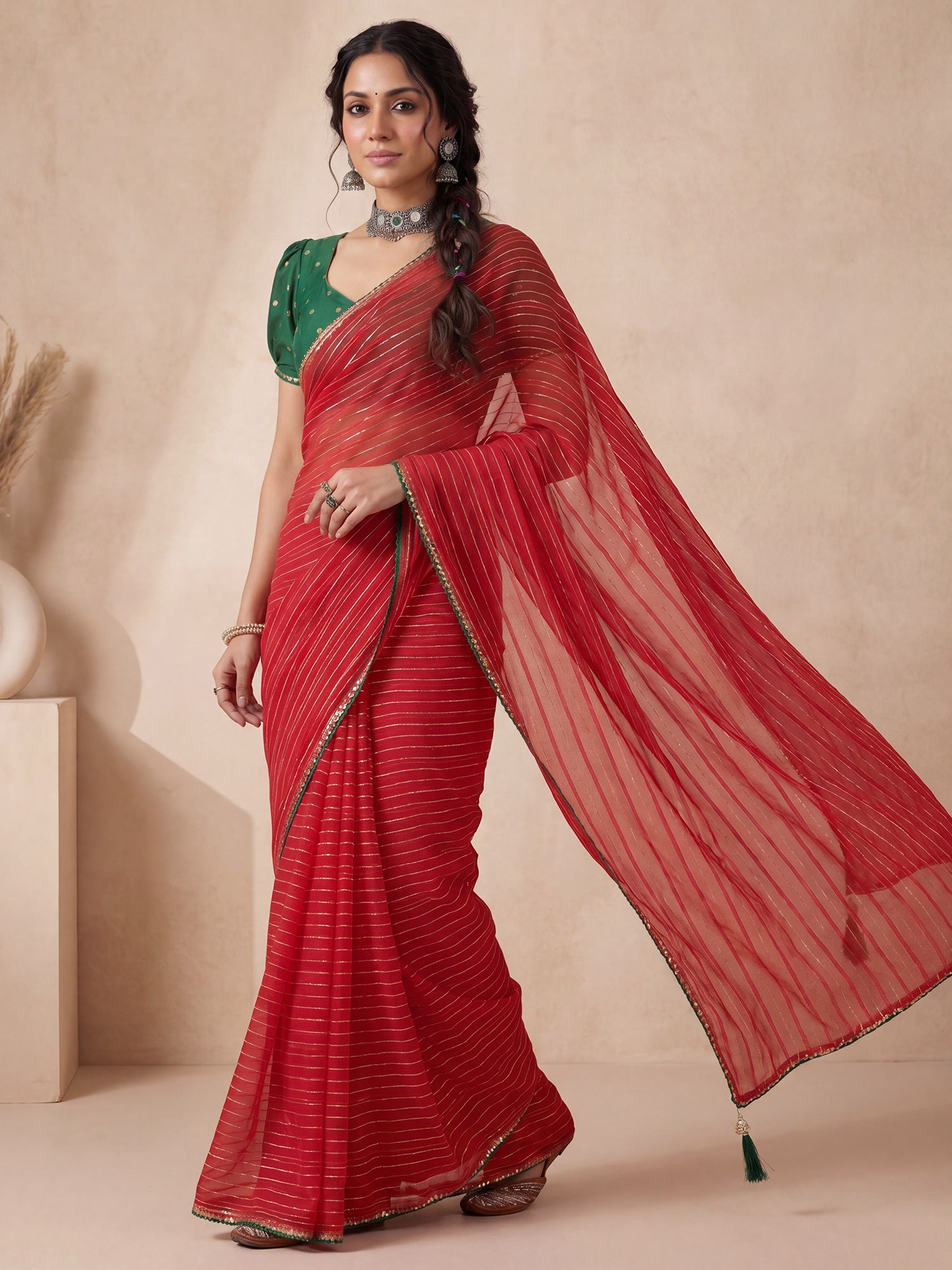 Red & Green Leheriya Style Saree - Ressa