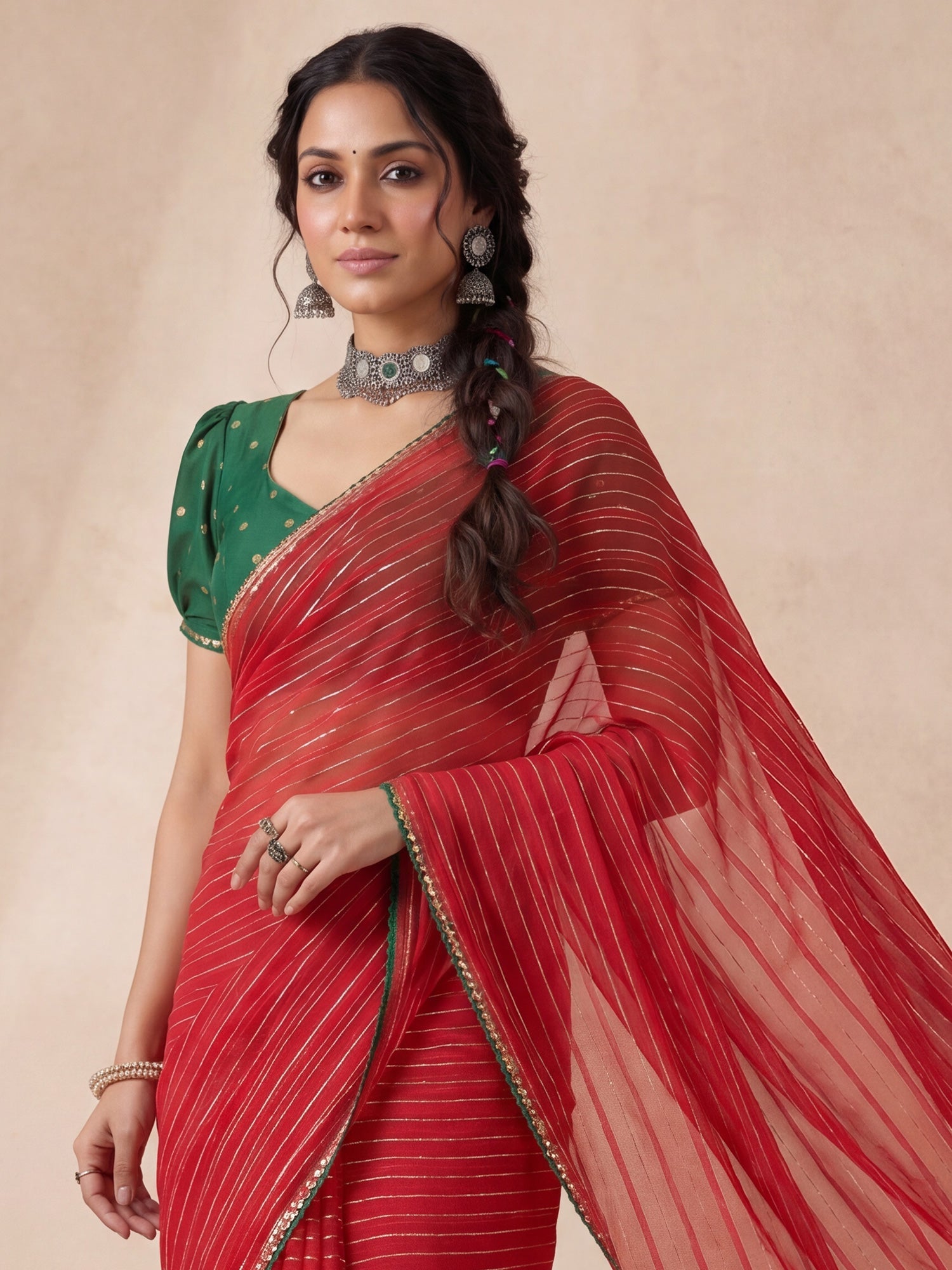 Red & Green Leheriya Style Saree - Ressa