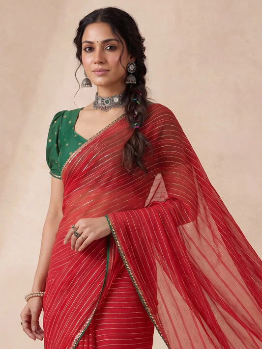 Red & Green Leheriya Style Saree