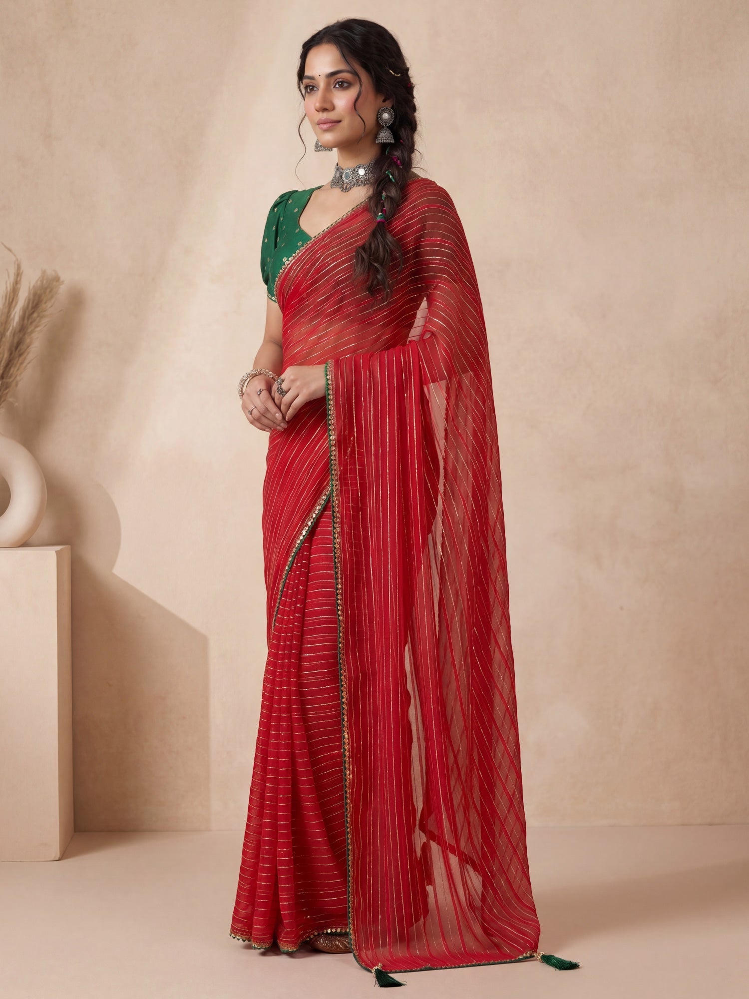 Red & Green Leheriya Style Saree - Ressa