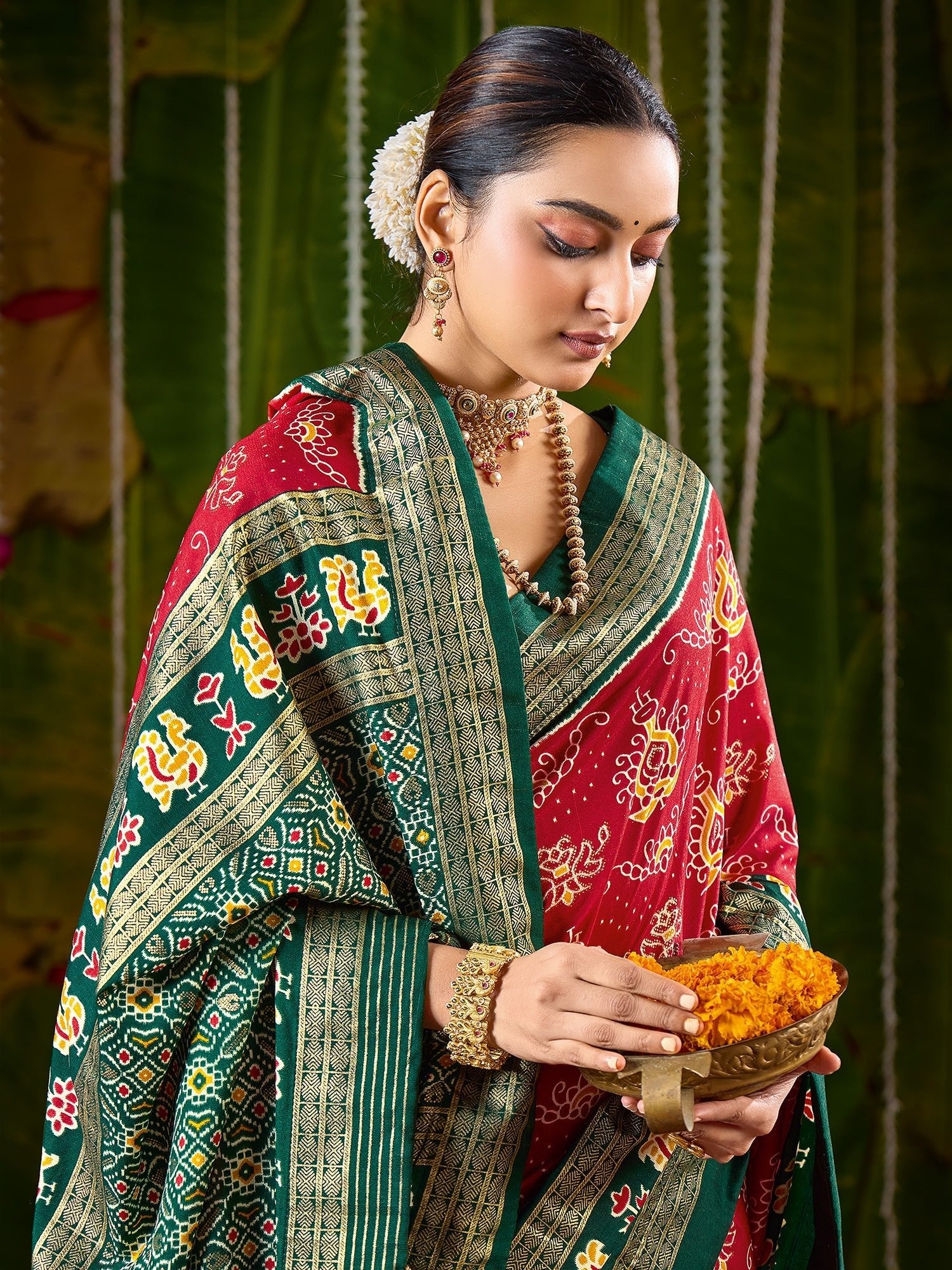 Red & Green Patola Silk Saree - Ressa