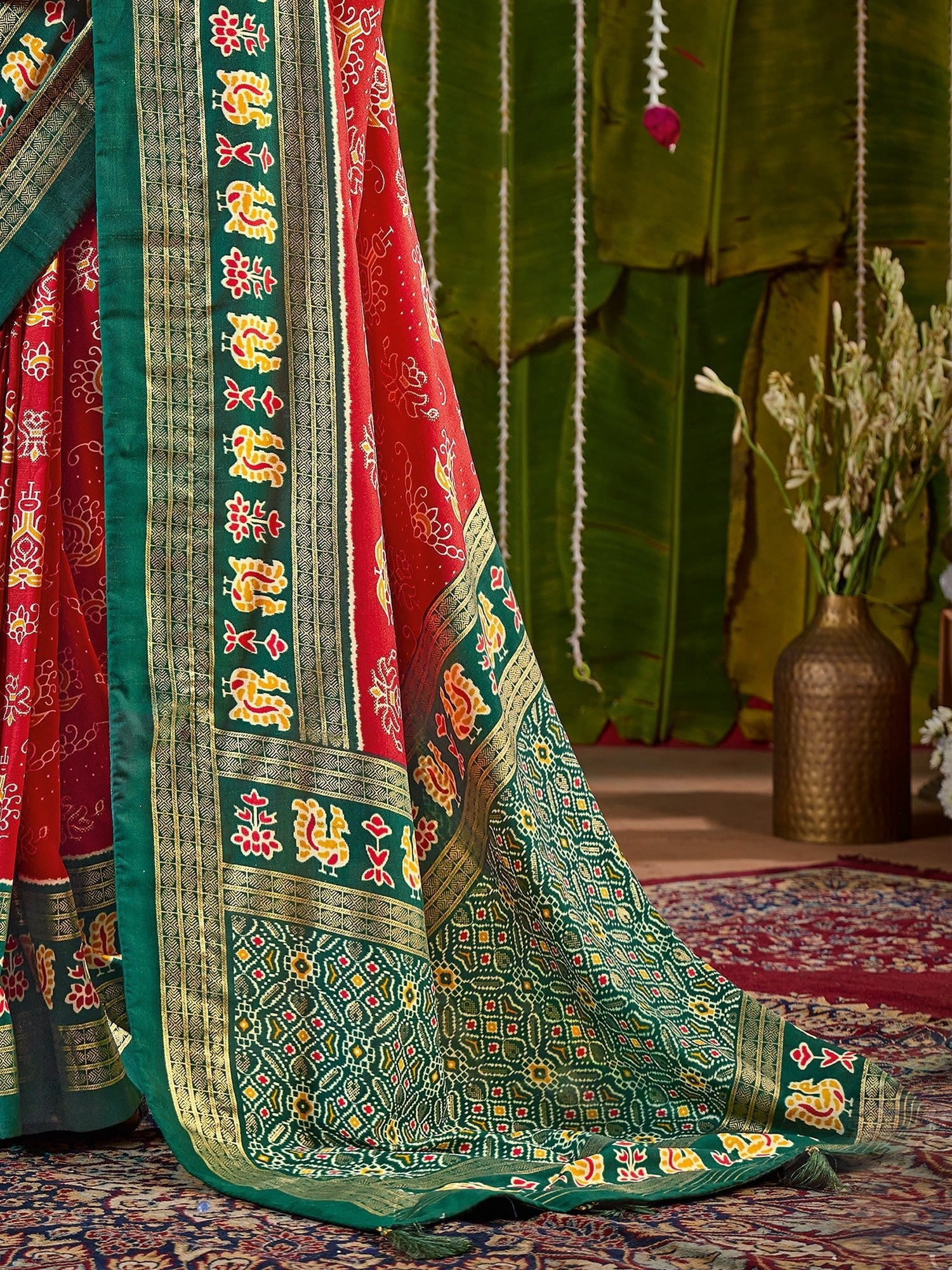 Red & Green Patola Silk Saree - Ressa