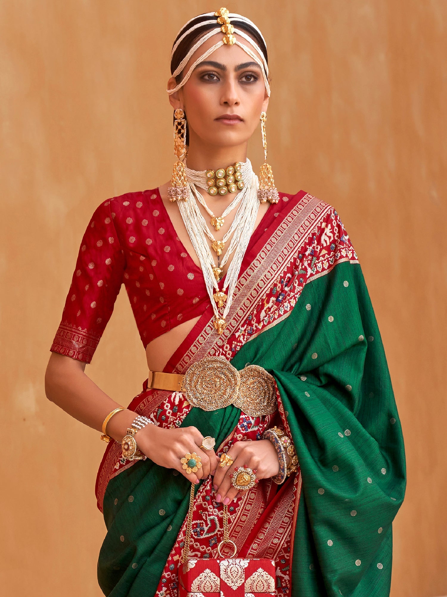 Red & Green Patola Silk Saree - Ressa