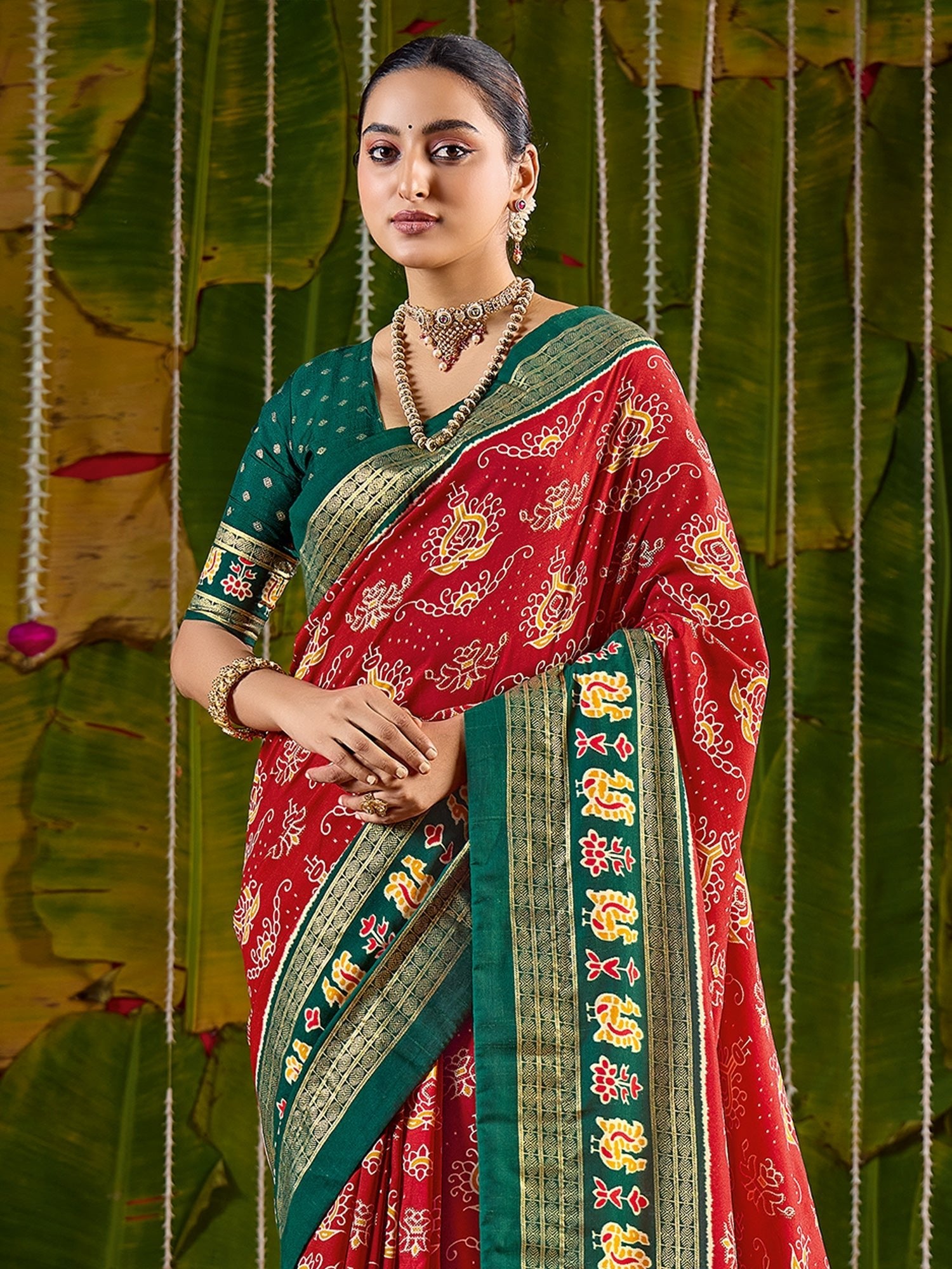 Red & Green Patola Silk Saree - Ressa