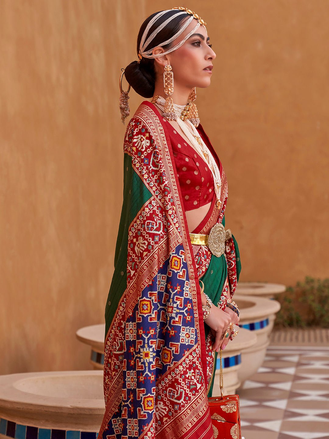 Red & Green Patola Silk Saree - Ressa