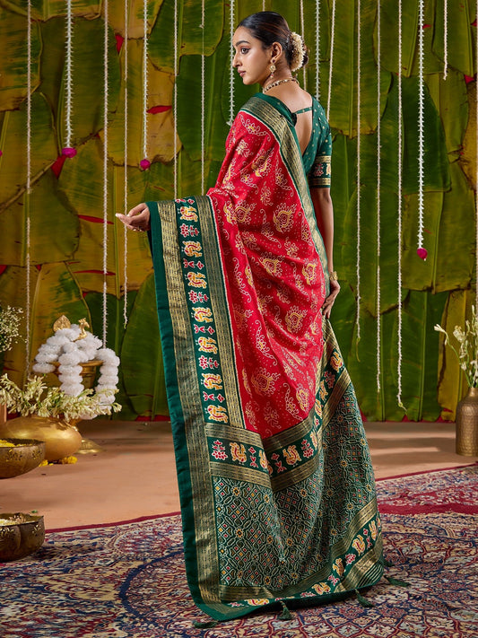 Red & Green Patola Silk Saree - Ressa