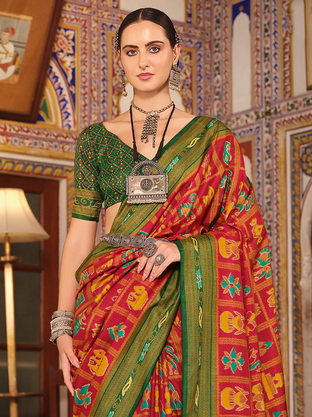 Red & Green Patola Style Silk Blend Saree - Ressa