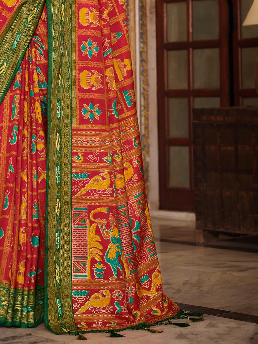 Red & Green Patola Style Silk Blend Saree - Ressa