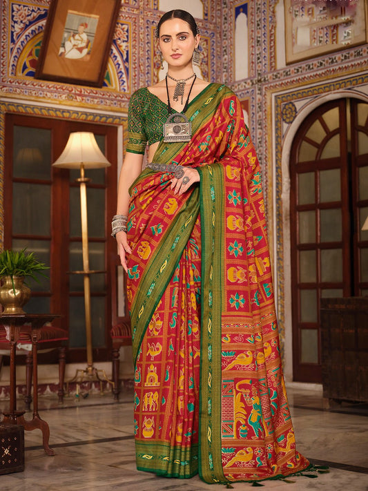 Red & Green Patola Style Silk Blend Saree - Ressa