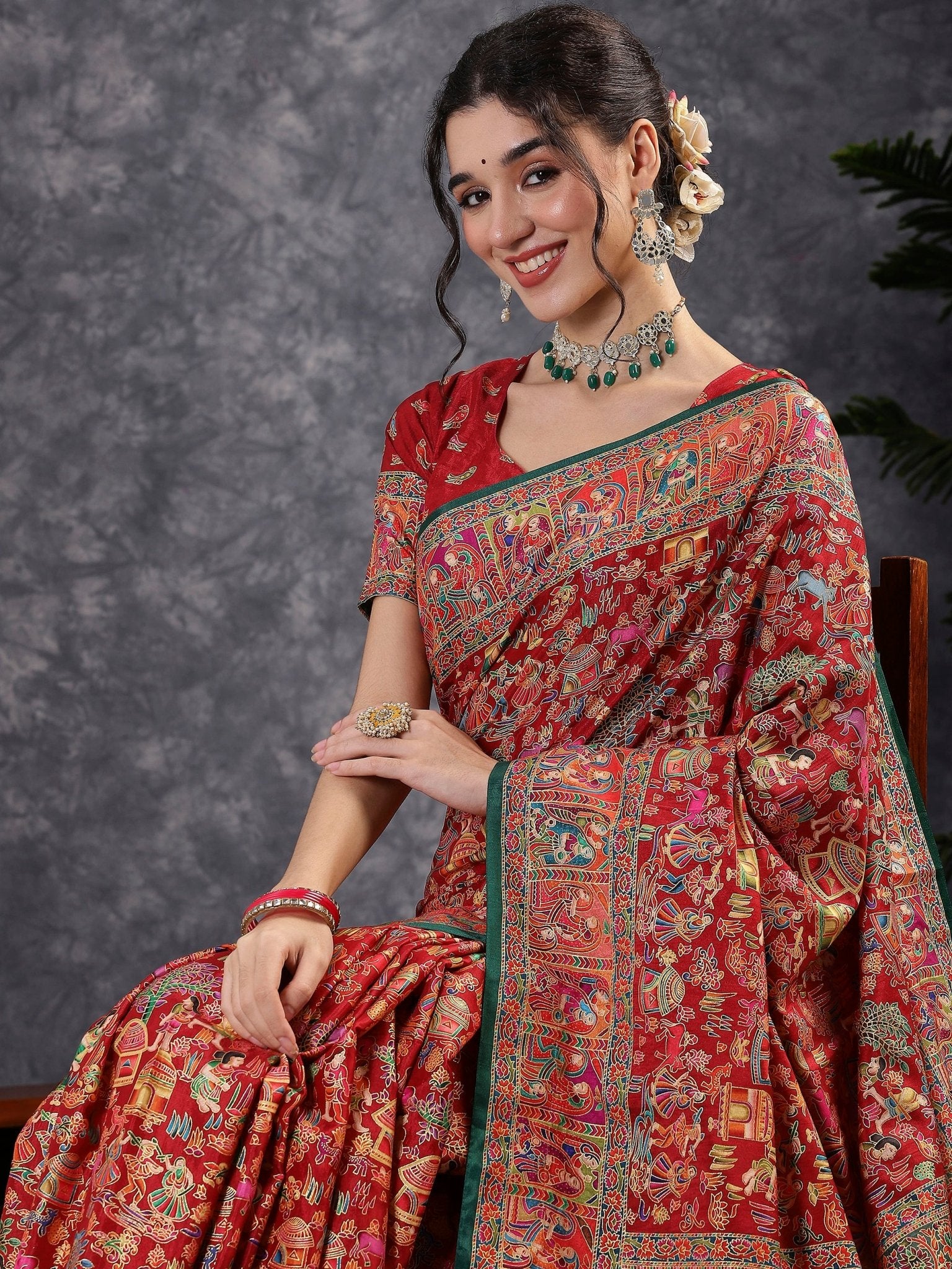 Red & Green Silk Blend Heritage Patola Style Saree - Ressa