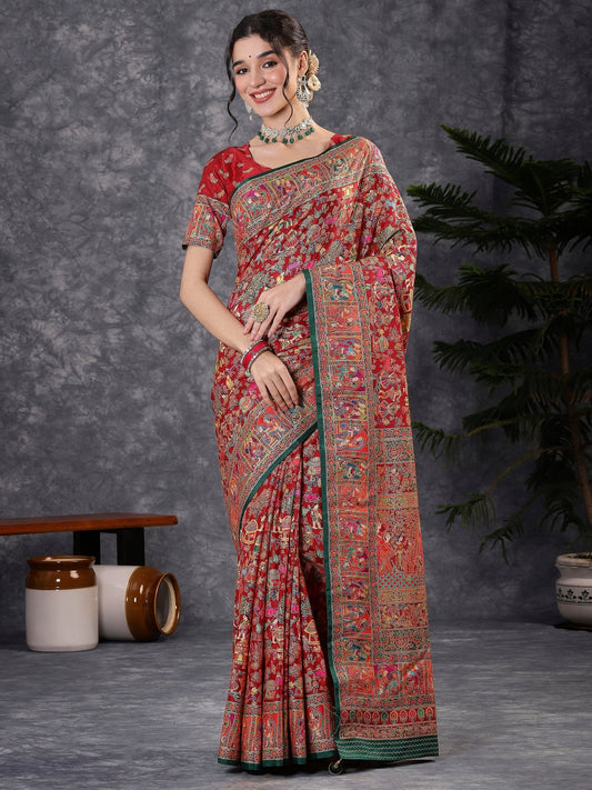 Red & Green Silk Blend Heritage Patola Style Saree - Ressa