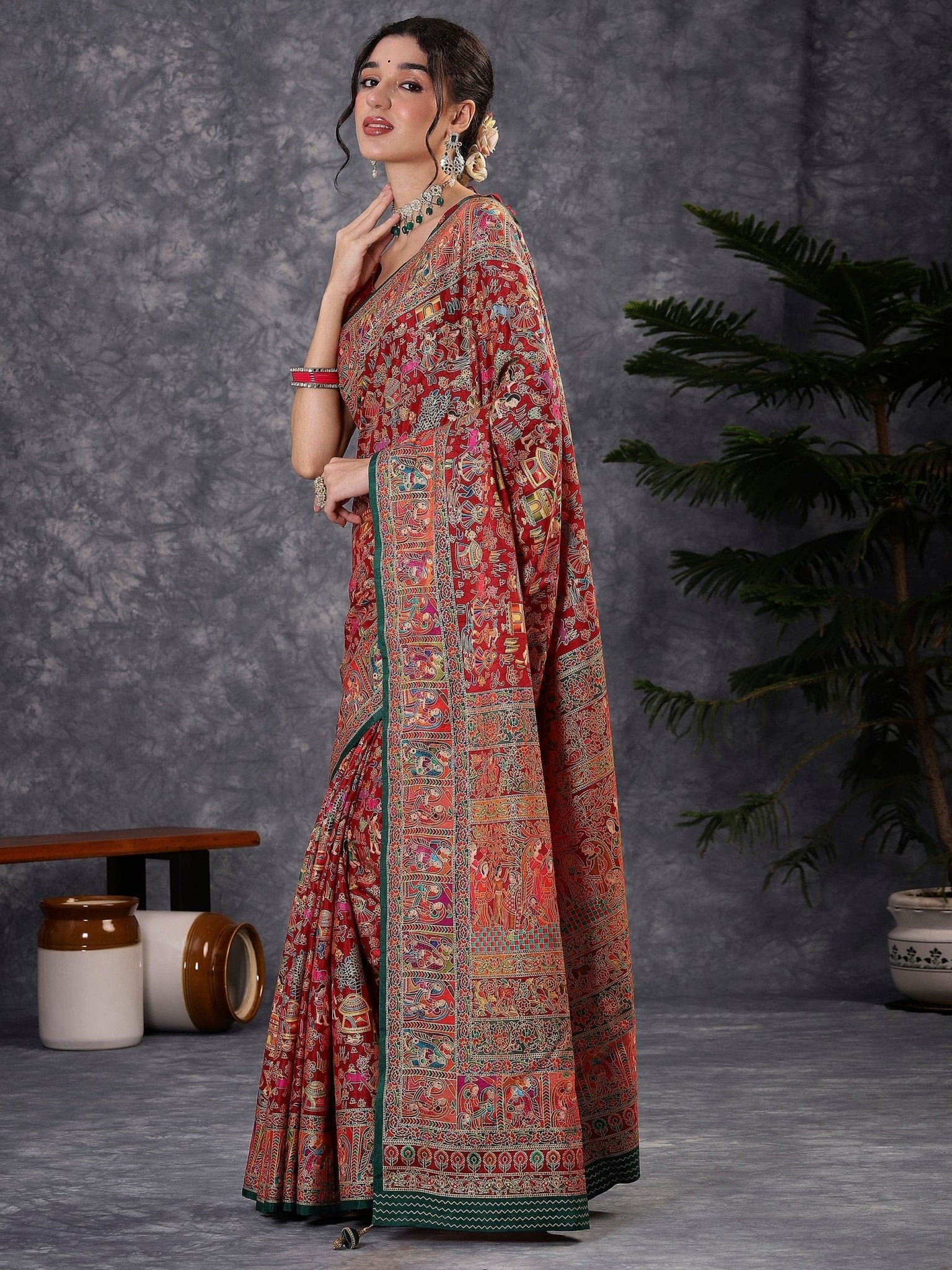 Red & Green Silk Blend Heritage Patola Style Saree - Ressa