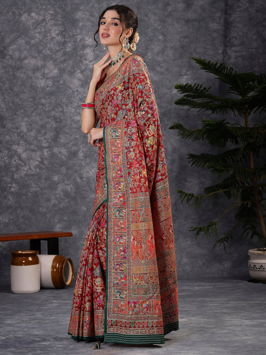 Red & Green Silk Blend Heritage Patola Style Saree - Ressa