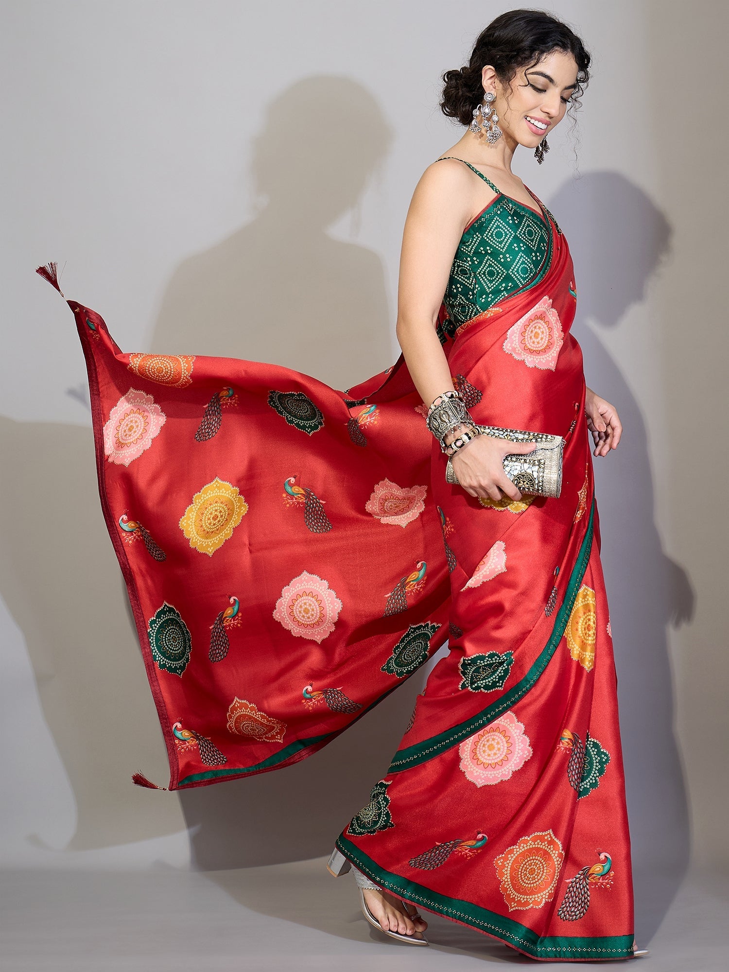 Red & Green Traditional Printed Saree - Ressa