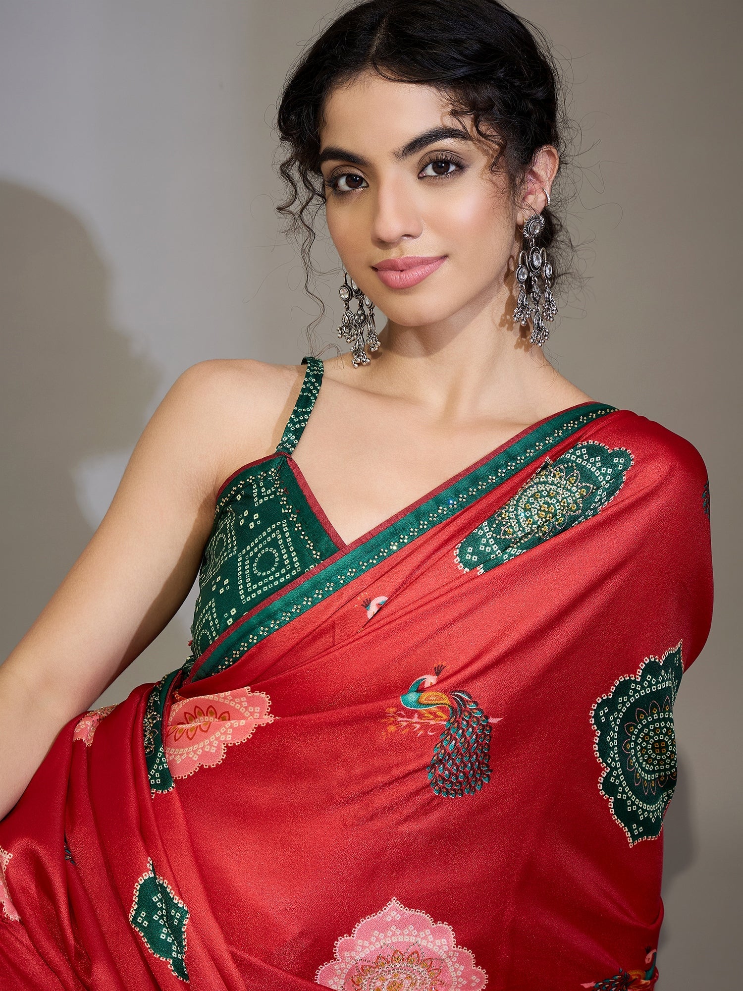 Red & Green Traditional Printed Saree - Ressa