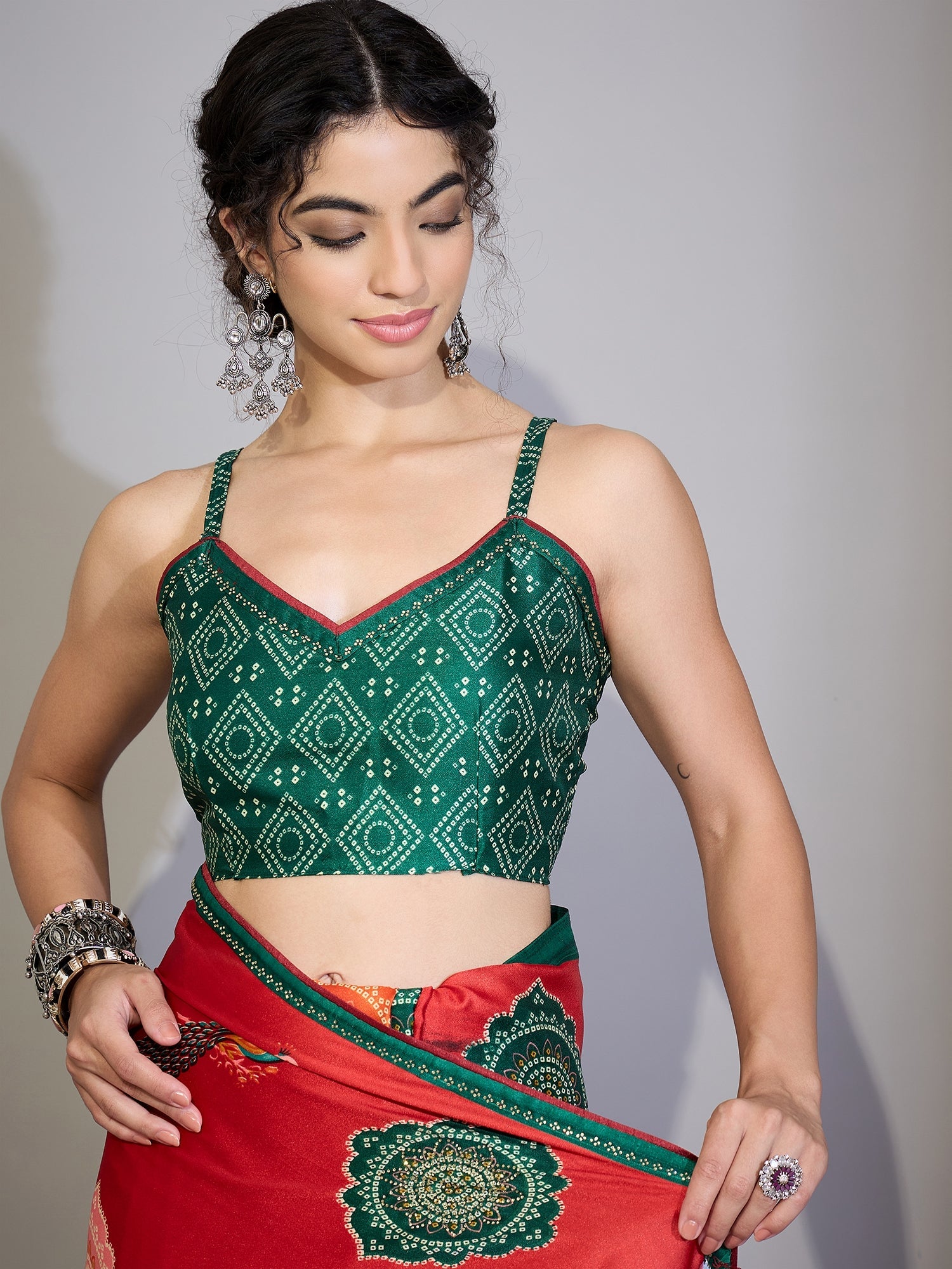 Red & Green Traditional Printed Saree - Ressa