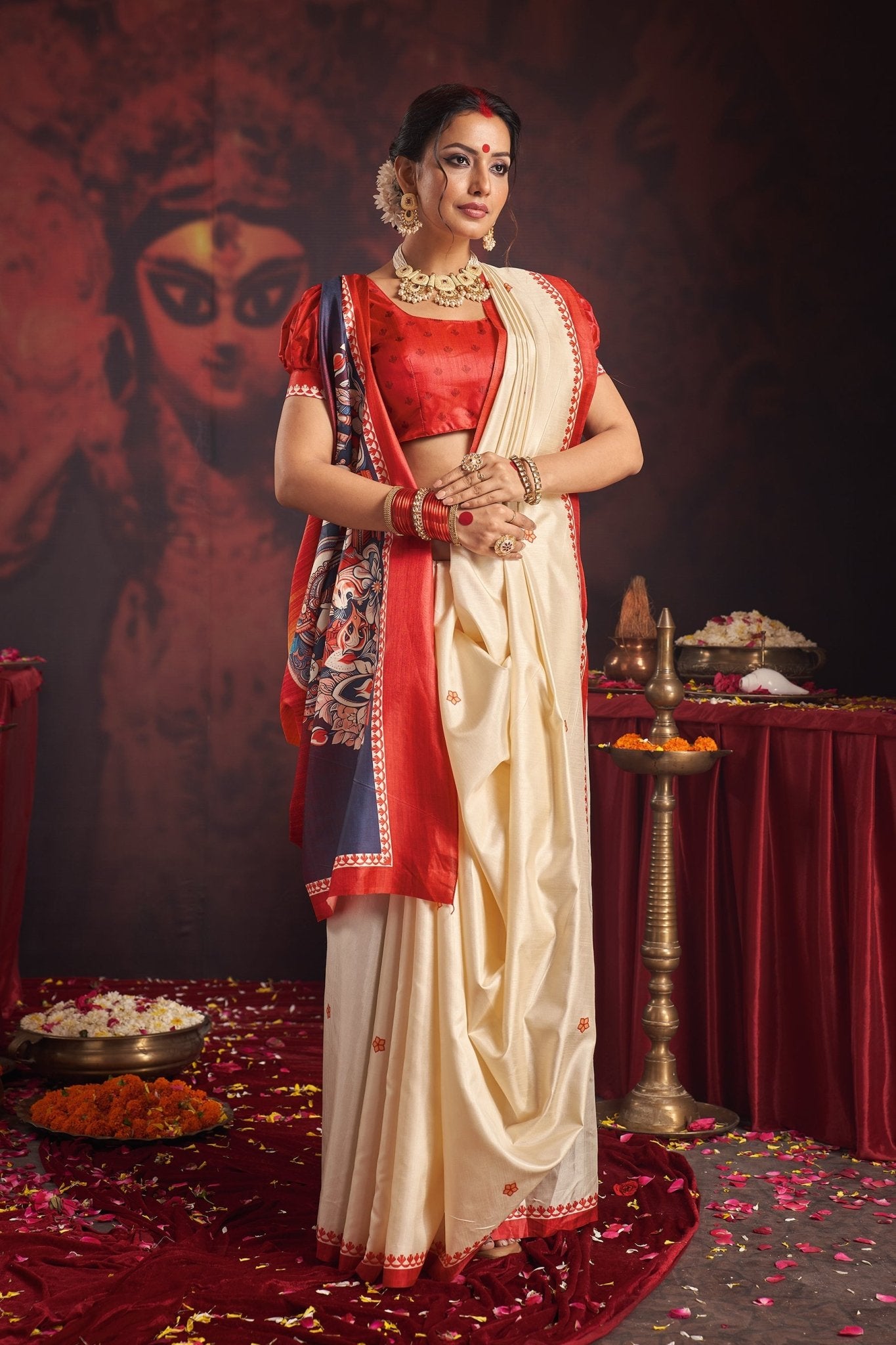 Red & Ivory Kalamkari Motif Puja Saree - Ressa