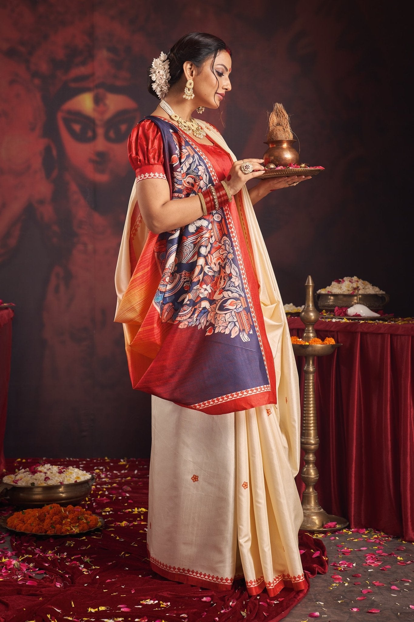 Red & Ivory Kalamkari Motif Puja Saree - Ressa