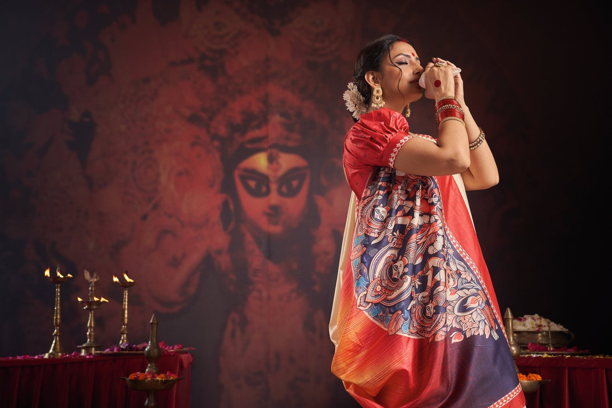 Red & Ivory Kalamkari Motif Puja Saree - Ressa