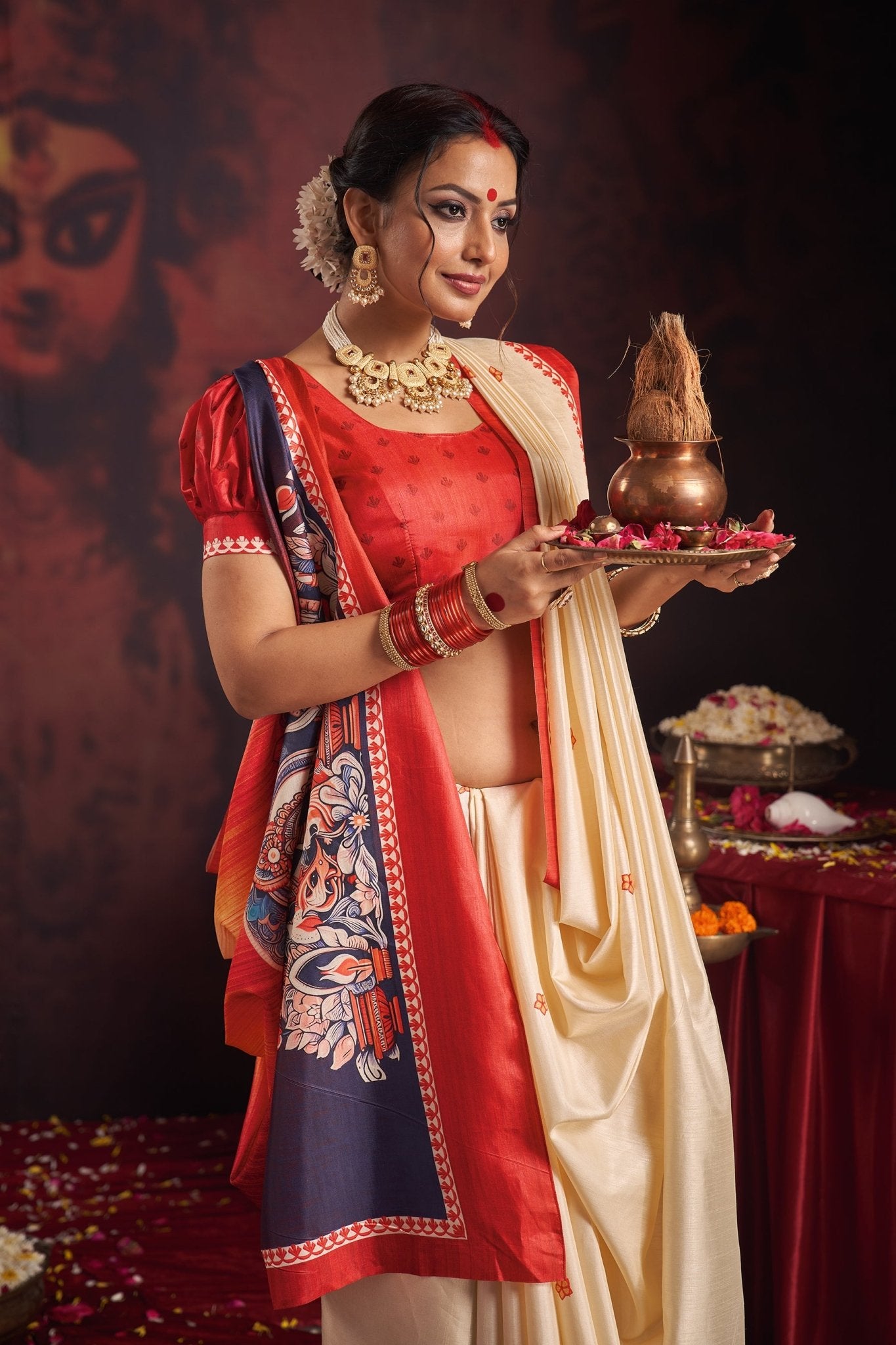 Red & Ivory Kalamkari Motif Puja Saree - Ressa