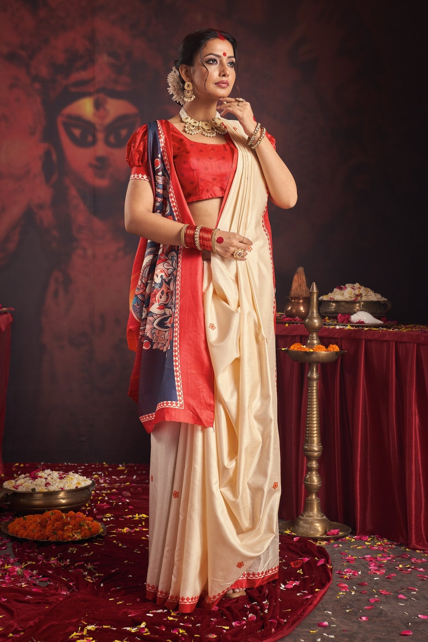 Red & Ivory Kalamkari Motif Puja Saree - Ressa