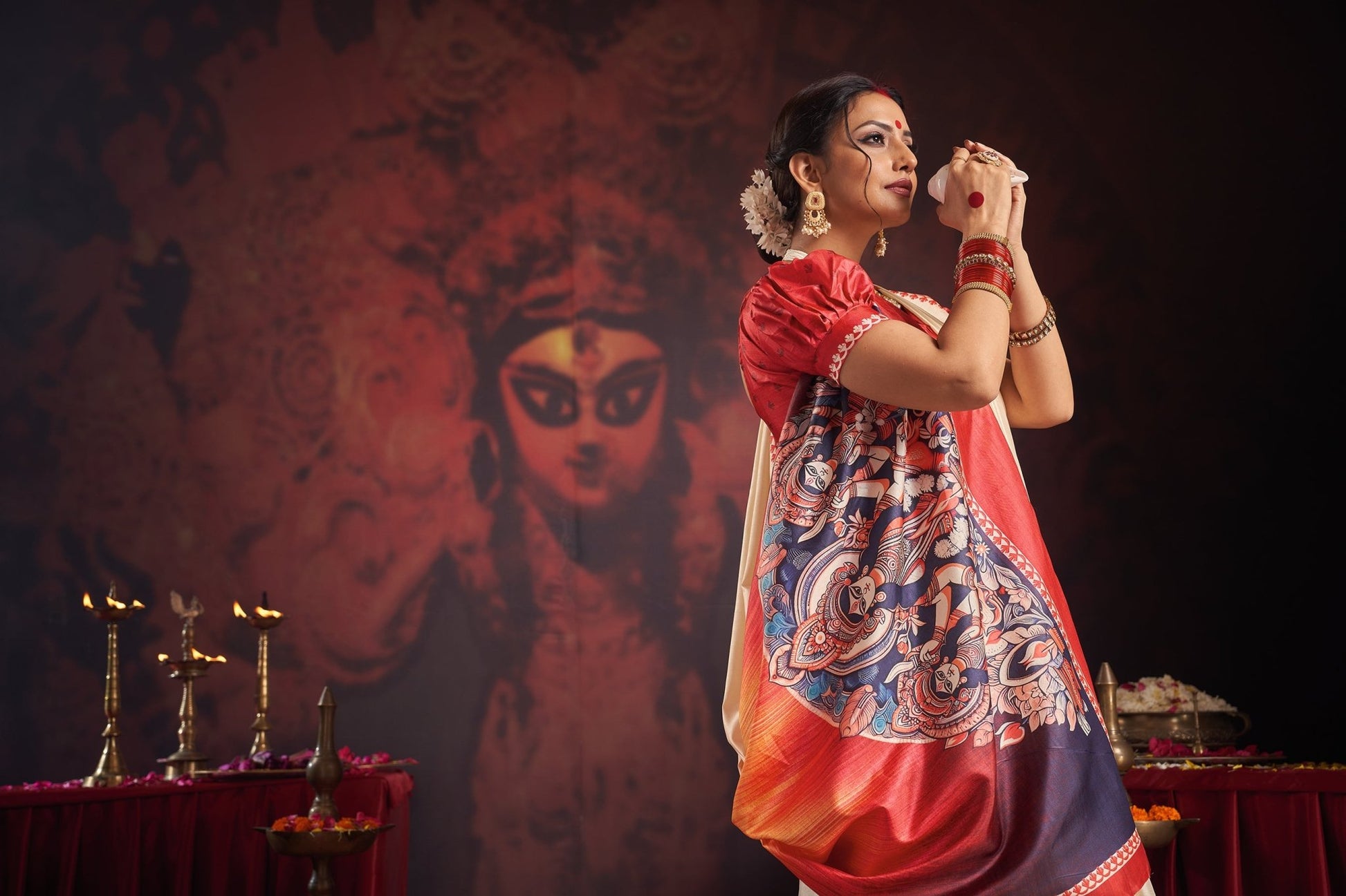 Red & Ivory Kalamkari Motif Puja Saree - Ressa