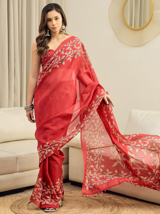 Red Jamdani Cotton Silk Saree - Ressa