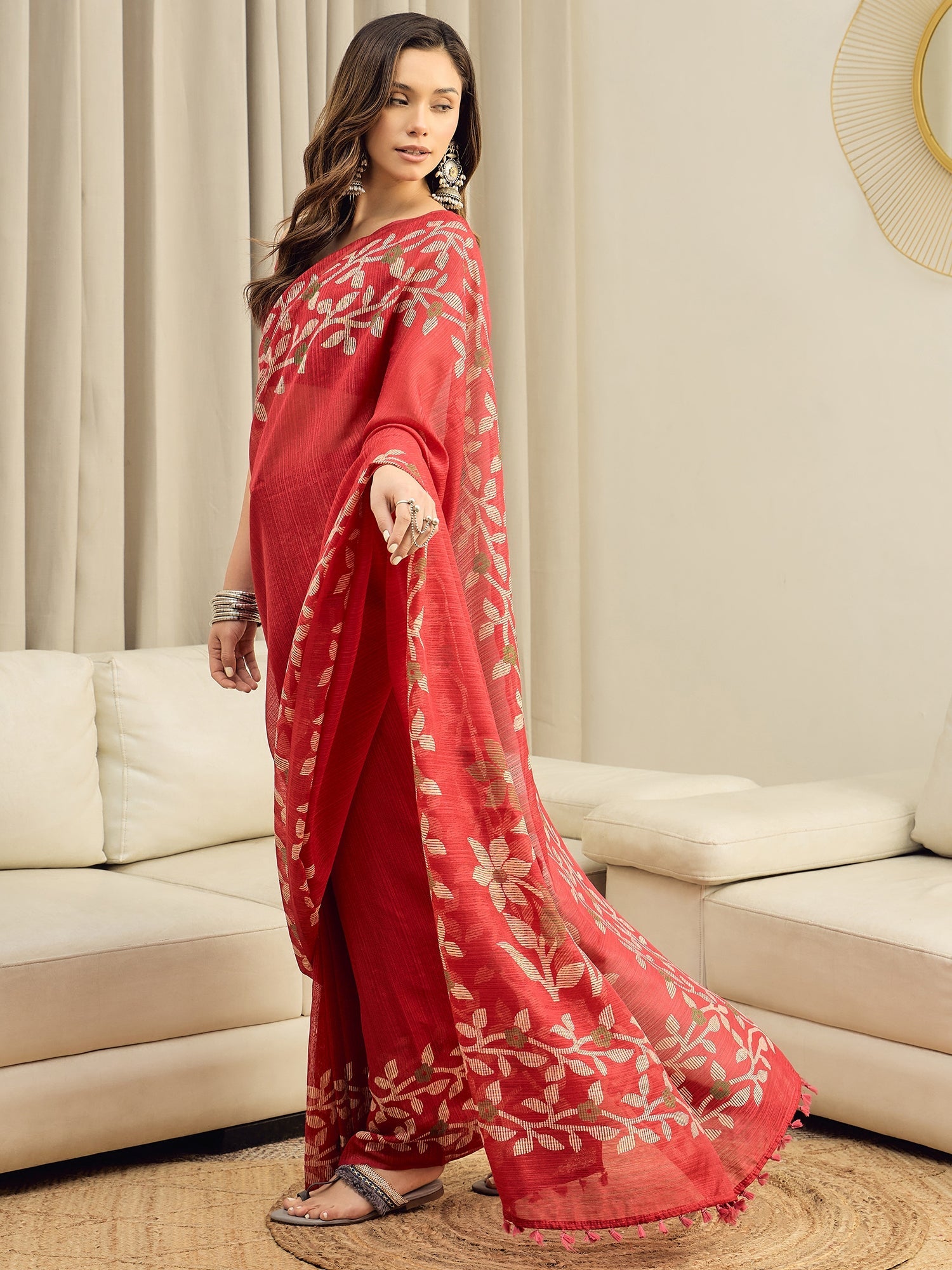 Red Jamdani Cotton Silk Saree - Ressa