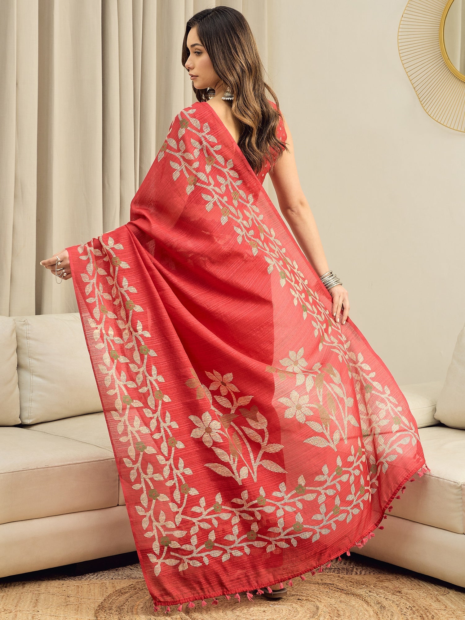 Red Jamdani Cotton Silk Saree - Ressa