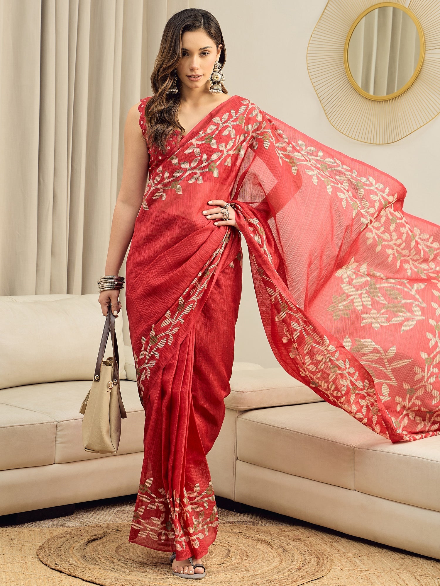 Red Jamdani Cotton Silk Saree - Ressa